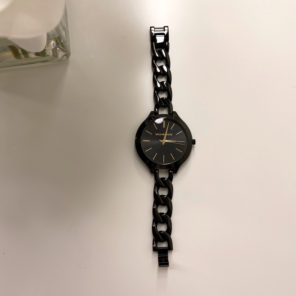 Michael Kors Quartz Black Slim Runway Metal Watch with Gold Accents MK-3317